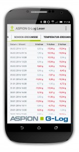 Mit der ASPION G-Log App werden aufgezeichnete Schock-Ereignisse direkt angezeigt.