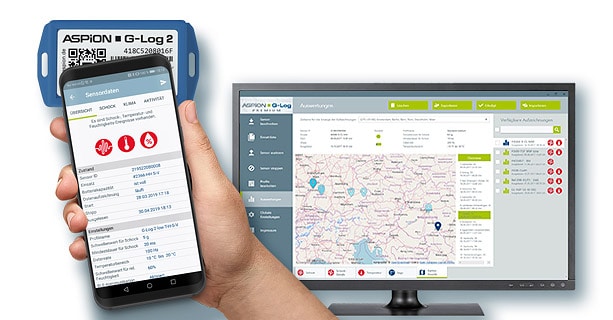 Sensordaten mit Standort werden bei Aspion Datenloggern per Smartphone App übermittelt