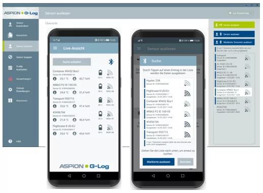 Auslesen und Liveansicht per Bluetooth von ASPION G-Log 2 Datenloggern